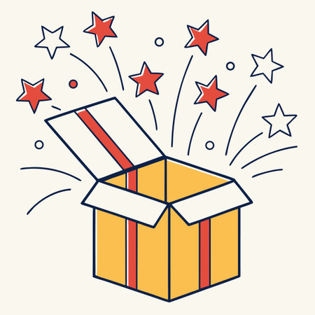 Open gift box with fireworks. Vector illustration in thin line style.のイラスト素材