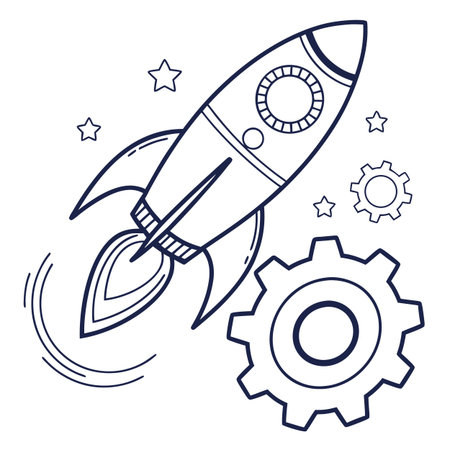 Start up concept with rocket and gear. Doodle style vector illustration.のイラスト素材