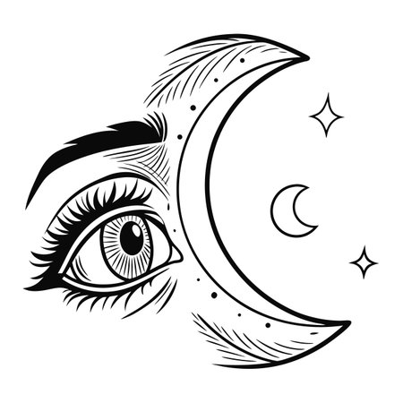 Eye of the moon and stars. Black and white vector illustration.のイラスト素材