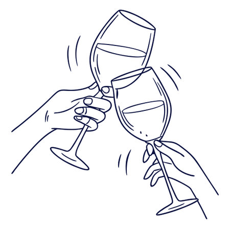 Two hands holding a glass of wine. Vector illustration in outline style.のイラスト素材