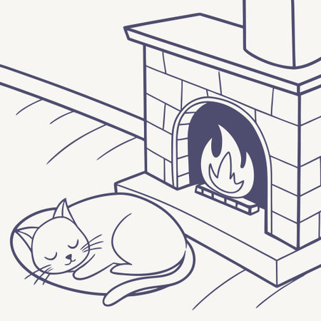 Cute cat sleeping near the fireplace, vector illustration in linear styleのイラスト素材