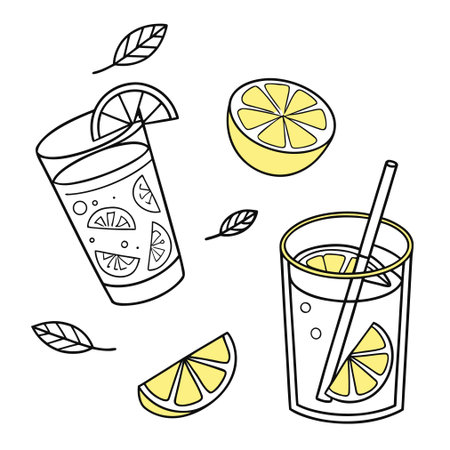 Lemonade with lemon and mint. Hand drawn vector illustration.のイラスト素材