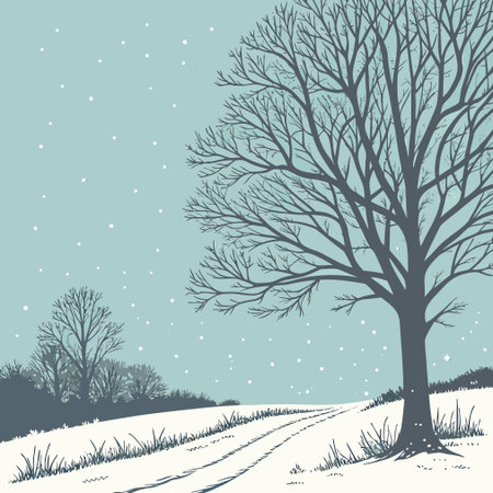 Winter landscape with trees and snowflakes. Vector illustration in retro style.のイラスト素材