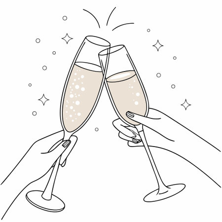 Illustration of two hands clinking glasses of champagne with sparklesのイラスト素材