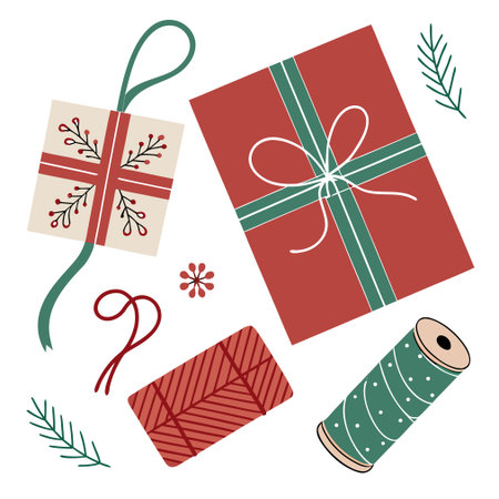 Set of Christmas gift boxes with ribbons and bows. Vector illustration.のイラスト素材