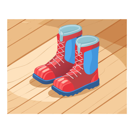 Red and blue rubber boots on a wooden floor. Vector illustration.のイラスト素材