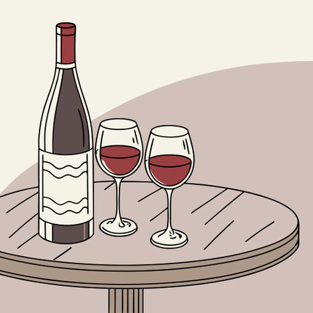 Illustration of a wine bottle and two glasses on a wooden tableのイラスト素材