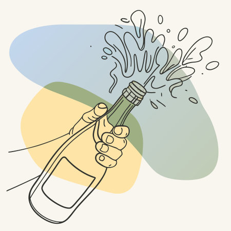 Hand drawn vector illustration of a bottle of champagne with splashes.のイラスト素材