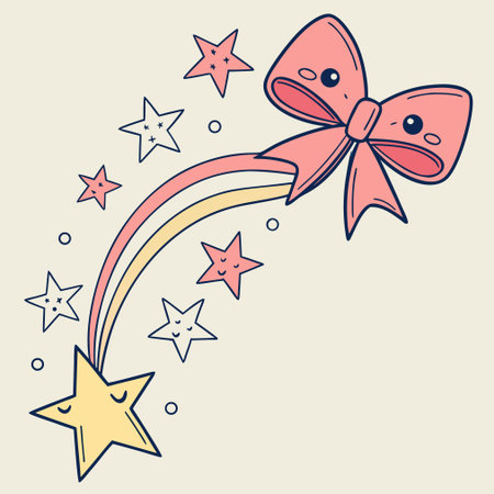 Hand drawn illustration of a pink bow and stars on a light background.のイラスト素材