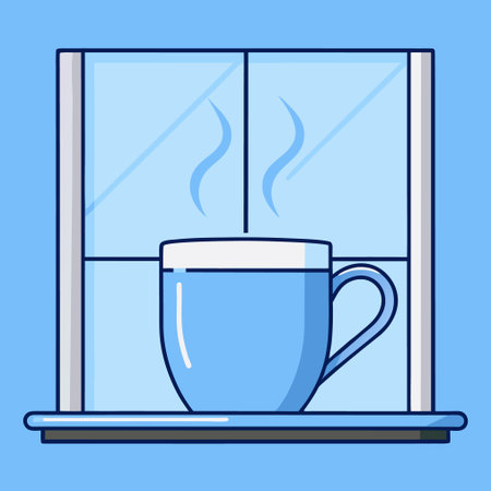 Coffee cup on window sill. Vector illustration in flat styleのイラスト素材