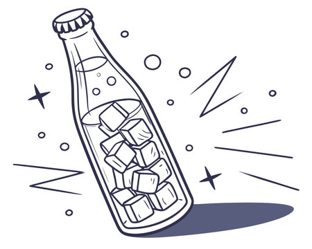 Bottle of cola with ice cubes. Hand drawn vector illustration.のイラスト素材