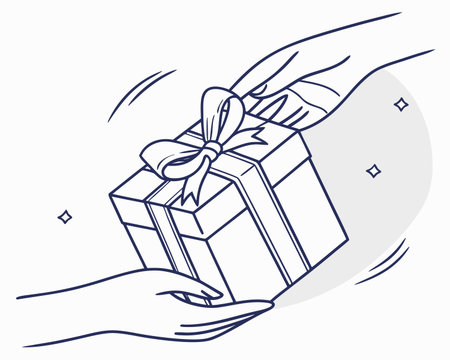 Gift box in hands. Vector illustration in line art style.のイラスト素材