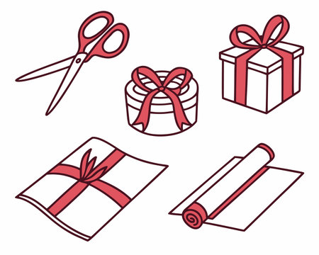 Set of gift boxes and wrapping paper. Vector illustration in doodle styleのイラスト素材