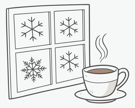 Cup of coffee and window with snowflakes. Vector illustration.のイラスト素材