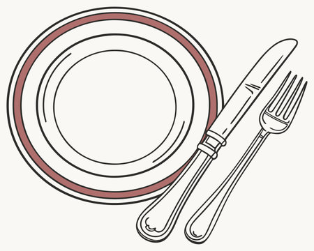 Vector illustration of plate, knife and fork on a white background.のイラスト素材
