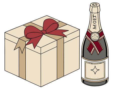 Illustration of a bottle of champagne with a gift box on a white backgroundのイラスト素材