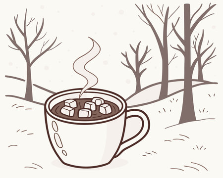 Illustration of a cup of hot chocolate with marshmallows in winter forestのイラスト素材