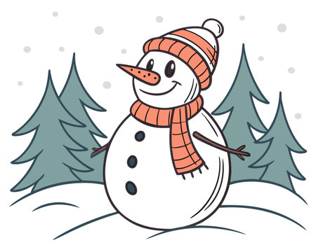 Snowman in a hat, scarf and mittens. Vector illustration.のイラスト素材