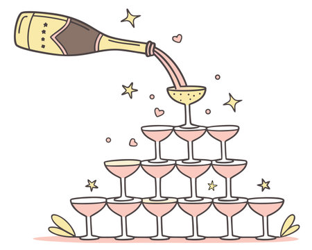 Illustration of a bottle of champagne being poured into a wine glassのイラスト素材