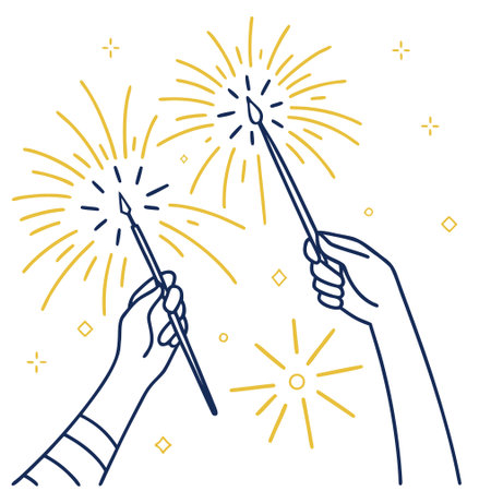 Vector line art illustration of hands holding sparklers. Fireworks party.のイラスト素材