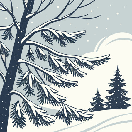 Winter landscape with fir trees and snowflakes. Vector illustration.のイラスト素材