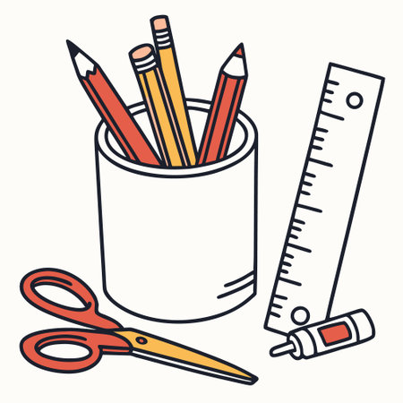 Vector illustration of pencils in a cup, ruler and eraserのイラスト素材