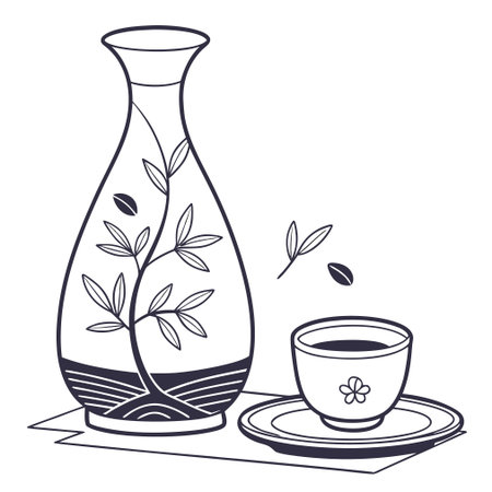 Vector illustration of a vase with a cup of tea and a branch with leavesのイラスト素材
