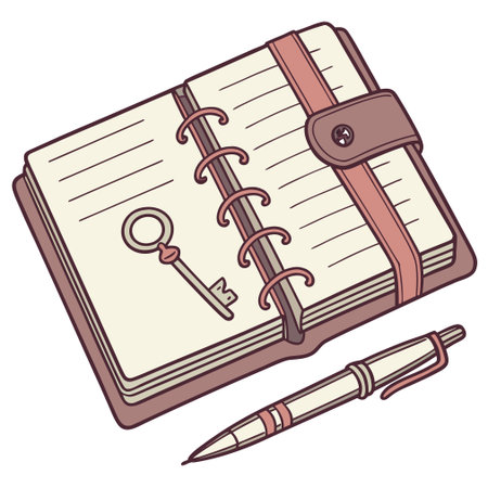 Notebook with key and pen. Vector illustration on white background.のイラスト素材