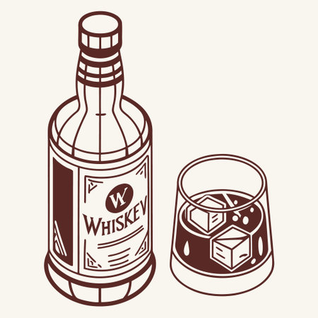 Whiskey bottle and glass with ice cubes. Vector illustration.のイラスト素材