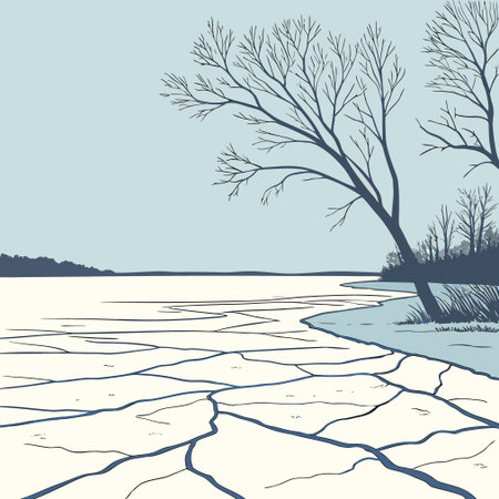 Illustration of a frozen lake with bare trees on the shore.のイラスト素材