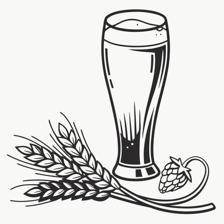 Glass of beer with wheat and hops. Vector illustration in black and white.のイラスト素材