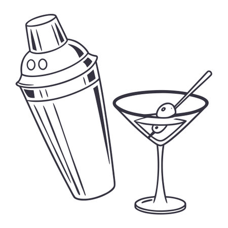 Cocktail shaker and martini with olives. Vector illustrationのイラスト素材