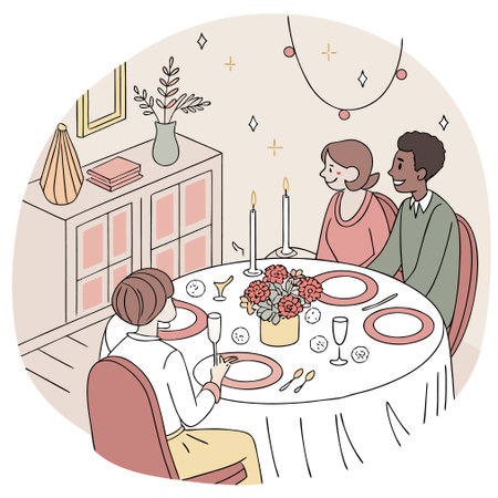 Illustration of a Couple Sitting at a Table and Having Dinnerのイラスト素材