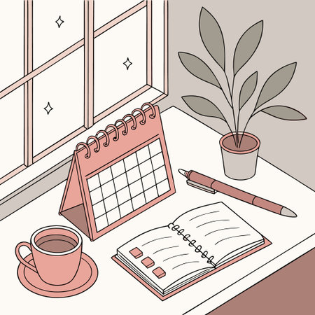 Workplace with notebook, cup of coffee and plant. Vector illustrationのイラスト素材