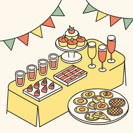 Vector illustration of party table with food and drinks in flat style.のイラスト素材