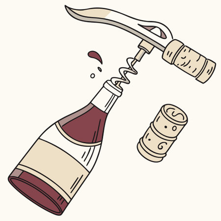 Bottle of wine and corkscrew. Hand drawn vector illustration.のイラスト素材
