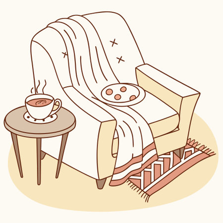 Illustration of a cozy armchair with a cup of coffee and a pillowのイラスト素材