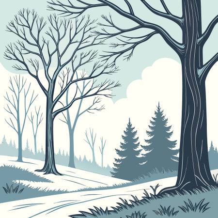 Winter landscape with trees and snow. Vector illustration in retro style.のイラスト素材
