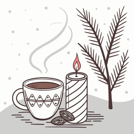 Coffee cup with candle and coffee beans. Vector illustration.のイラスト素材