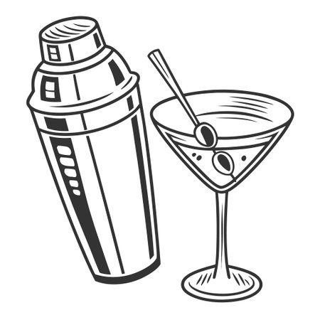 Cocktail shaker and martini glass. Vector illustration.のイラスト素材