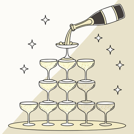 Illustration of a bottle of champagne pouring into a wine glass.のイラスト素材