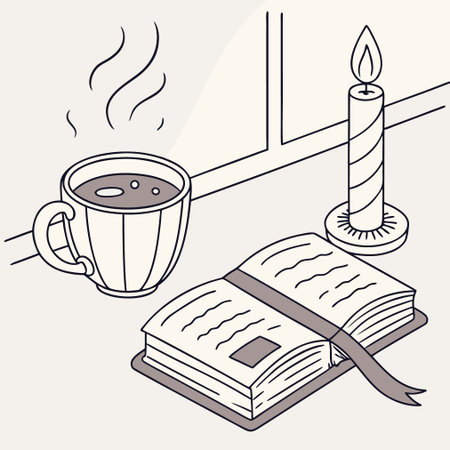 Cup of coffee, book and candle on the table. Vector illustrationのイラスト素材
