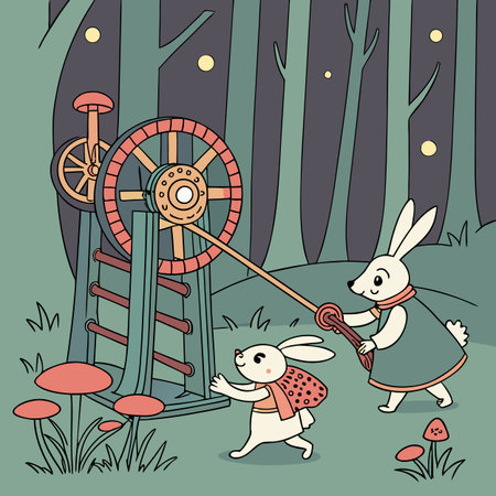 Rabbits playing in the park. Vector illustration in cartoon style.のイラスト素材