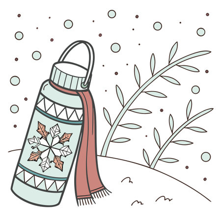 Hand drawn vector illustration of a bottle of water and a knitted scarf.のイラスト素材