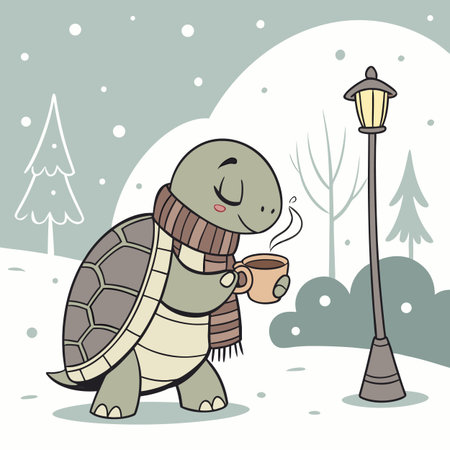 Vector illustration of a cute turtle with a cup of coffee in his handのイラスト素材