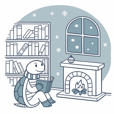 Vector illustration of a little turtle reading a book near the fireplace.のイラスト素材