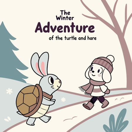 Vector illustration of a boy and a girl in winter clothes with a turtleのイラスト素材