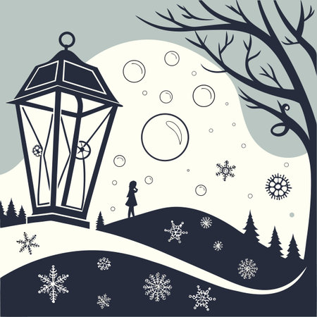 Winter landscape with lantern, snowflakes and woman. Vector illustration.のイラスト素材