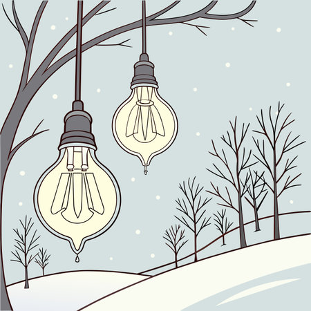 Illustration of a lightbulb in a winter landscape with treesのイラスト素材