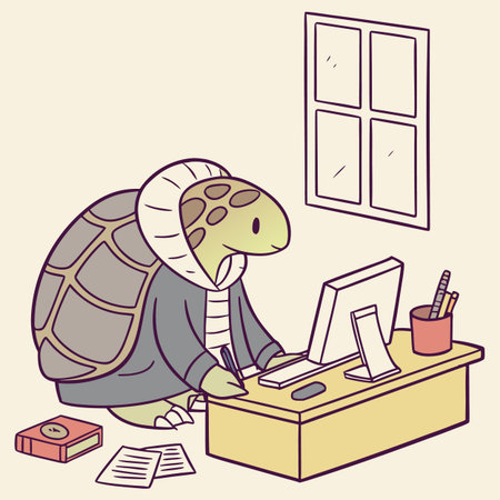 Illustration of a Tortoise Working in the Office with a Computerのイラスト素材